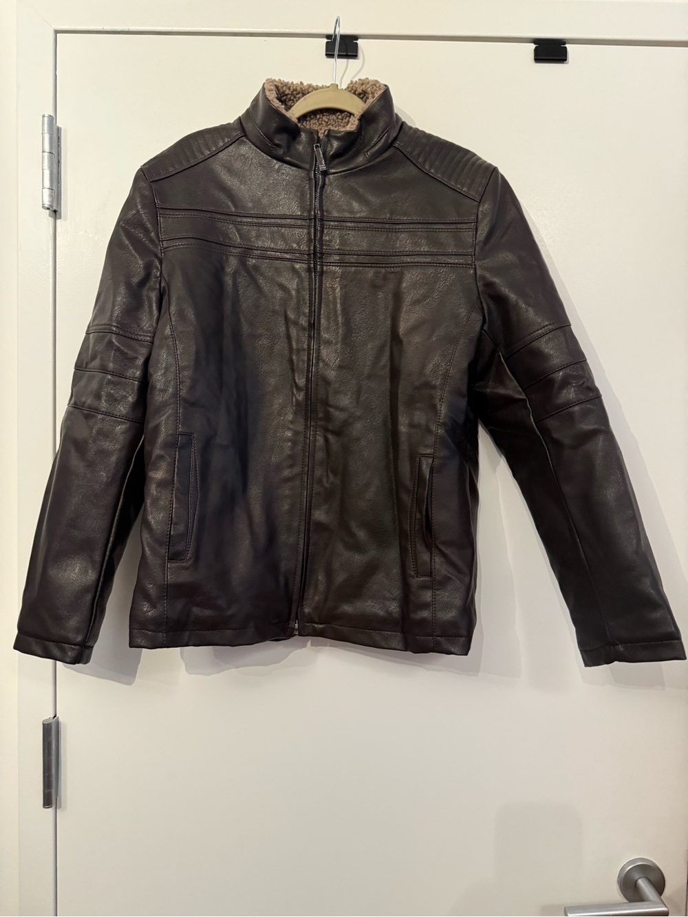 West Louis Mens L Brown PU Leather Moto Jacket Sherpa Lined Biker